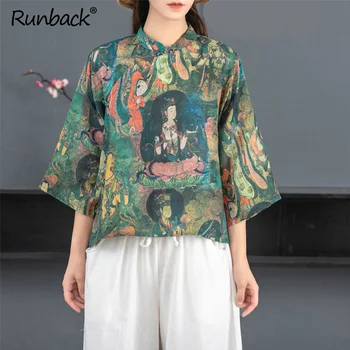 

Runback Print Blouse Women Linen Shirts Vintage Ramie Three Quarter Sleeve Stand Collar Plus Size Womens Clothing Ladies Tops