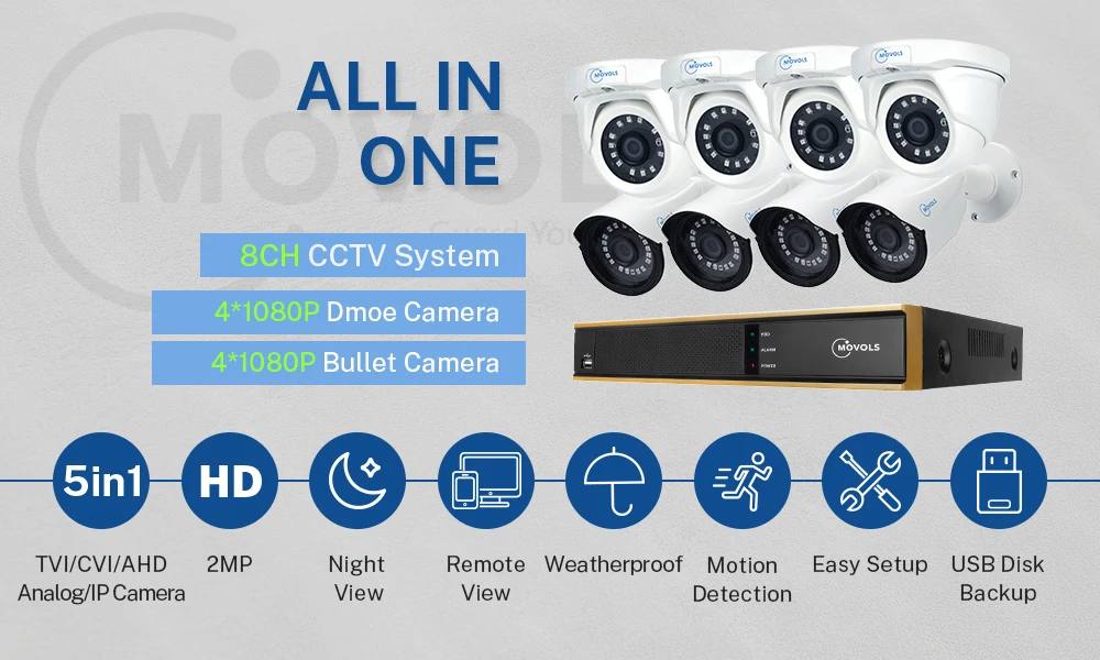 Movols Камера видеонаблюдения комплект 2MP CCTV AHD 4 шт пуля 4 шт купольная камера наружная Водонепроницаемая 8CH DVR камера безопасности Система