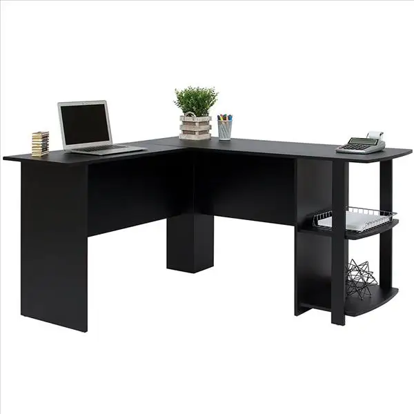 L Shaped Wood Right Angle Computer Desk With Two Layer Bookshelves