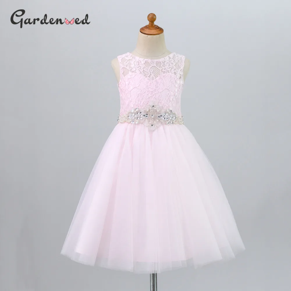 

Tulle Pink Lace Scoop Kids Flower Girl Dresses Tulle Skirt First Communion Dress Pearls Sashes Little Bride Dresses
