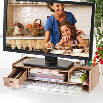 

Multifunctional storage desktop display computer screen stand vertical wooden frame sub base solid portable laptop desk stand