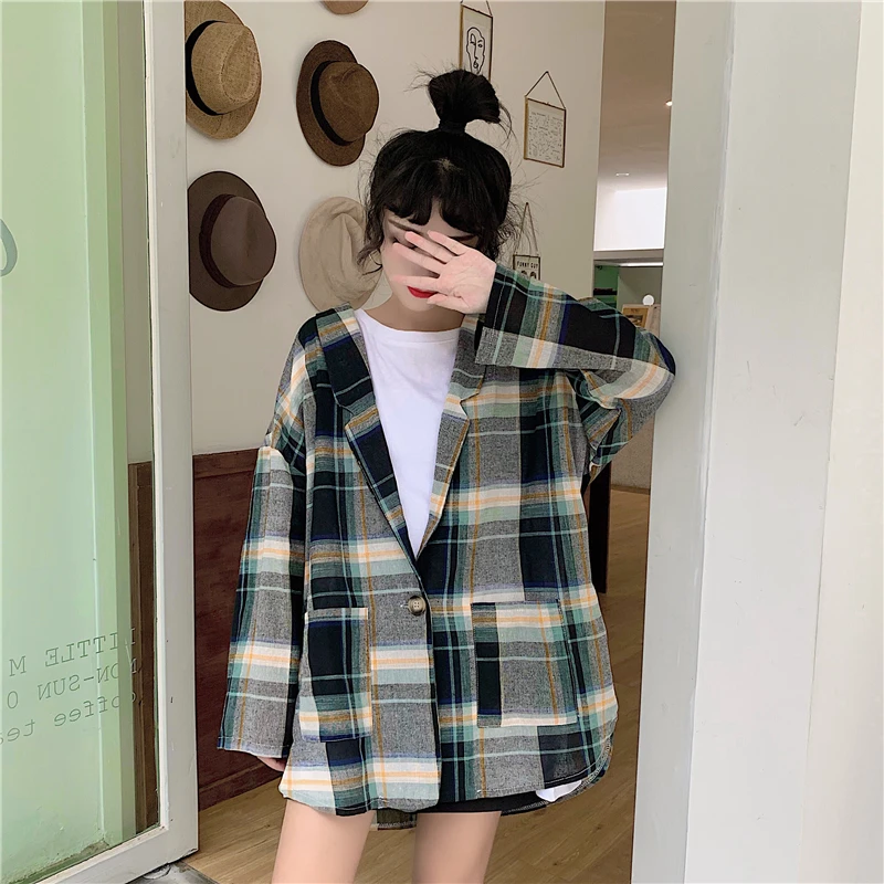 Цена+ 5 фотосессий~ корейский стиль Harajuku BF ретро плед тонкий хлопок лен элегантный текстурированный длинный рукав костюм женское пальто