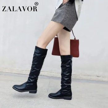 

ZALAVOR Knee High Boots Women Fashion Black Winter Keep Warm Fur Daily Office Flats Round Toe Botas Shoes Woman Size 34-43