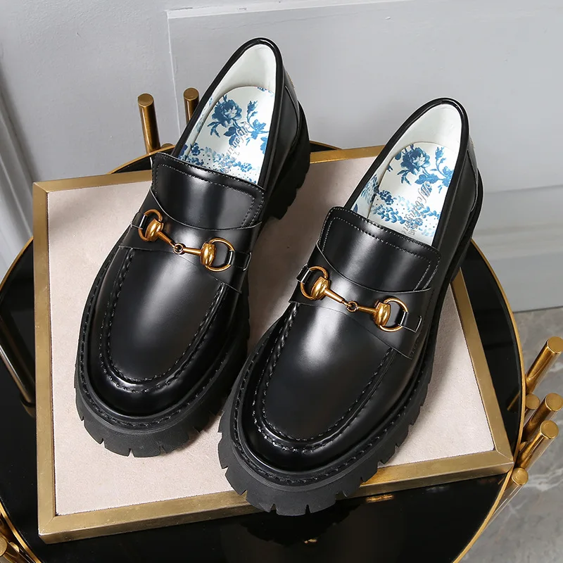 

Black And White with Pattern Loafers Women's 2020 Spring New Style Thick Bottomed round-Toe Horsebit Buckle Small Bee England A