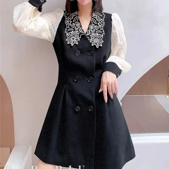 

2020 Autumn New Style Retro Embroidery Flower Stitching Pleated Slim Temperament Mini Dress High Quality Women'S Clothing