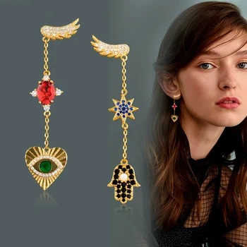 

SINLEERY Asymmetrical Bohemian Earrings For Women Gold Color Wings Heart Crystal Statement Earrings Jewelry ES661 SSP