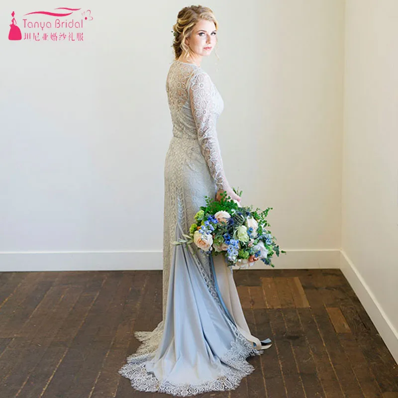 Sweetest Spring Design Wedding Dresses Long Sleeve Lace Bridal Gowns Light Blue Lining Noivas Fashion Chic ZW240