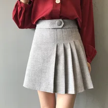 Осенне-зимняя женская юбка со складками на одной пуговице юбка школьницы с высокой талией трапециевидная юбка