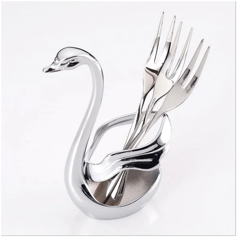 

2019 Creative Stainless Steel Cutlery Cygnus Fork Spoon Set Fruit Fork Dessert Cake Fork Swan Storage Rack Cutlery Set High-end