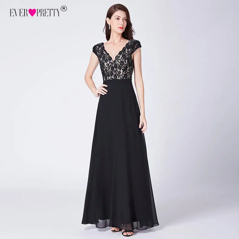 Ever Pretty Robe De Soiree длинные кружевные вечерние платья элегантные трапециевидные черные вечерние платья с v-образным вырезом и короткими рукавами EP07344BK