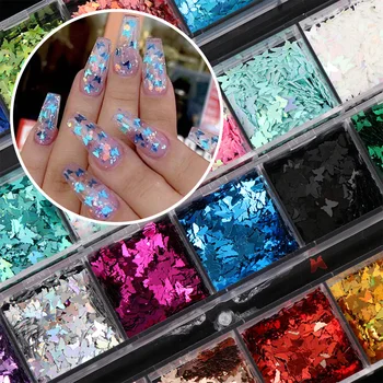 

12 Grids/Set Nail Glitter Flakes Butterfly Shape 3D Hexagon Colorful Sequins Spangles Polish Manicure Nails Art Decorations Gift