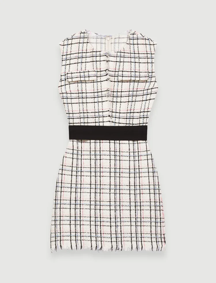 

Spring Summer Plaid Tassel Sleeveless Dress Women Patchwork Mini Dress
