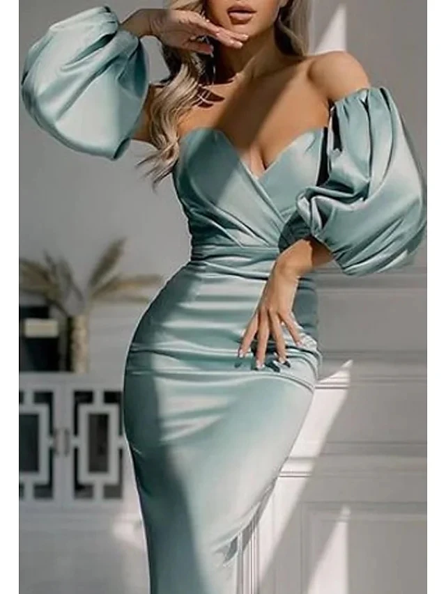 

Elegant Long Sleeve Satin Cocktail Dresses Sweetheart Tea Length Party Vestidos De Gala Formal Prom Gown