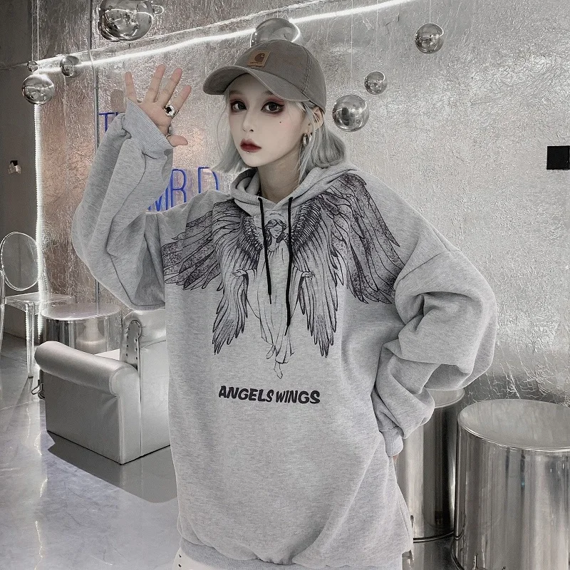 Gothic Women's Sweatshirts Gothic Dark Style Angel Print Casual Ulzzang Hoodies Retro Street Long Sleeve Fashion Clothing