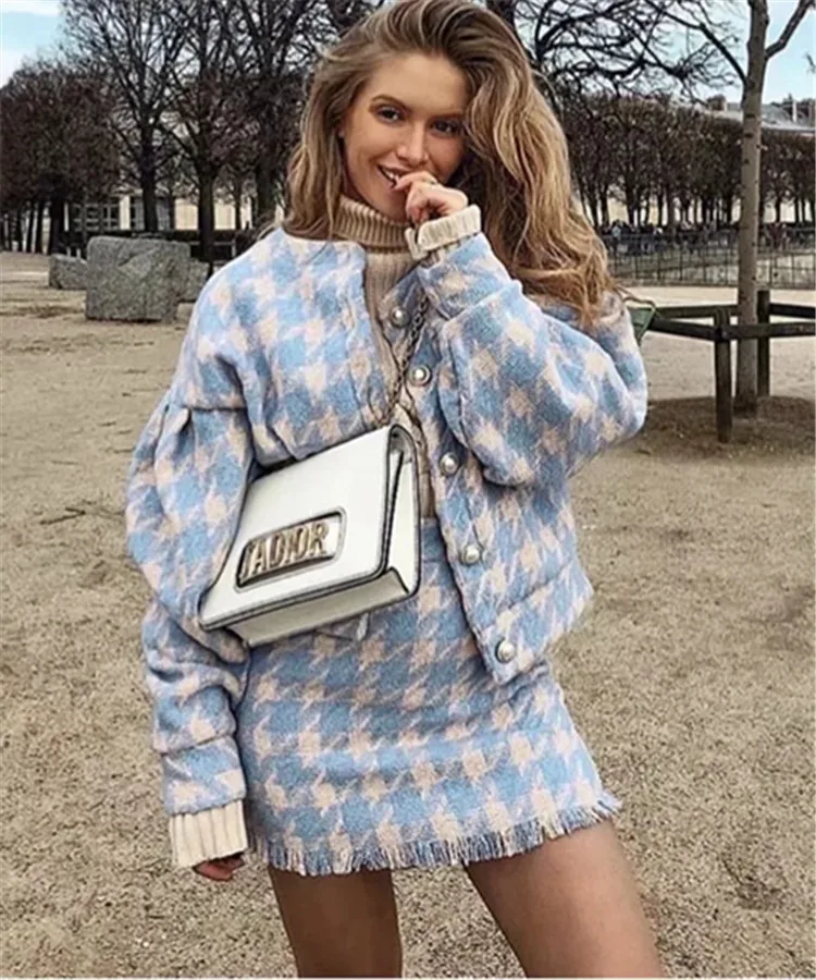 Yesexy осень зима плед однобортный женский комплект пальто теплая облегающая юбка с длинными рукавами 2 шт. Женский комплект MQ078