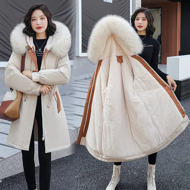 Vielleicht Winter Jacket Women Thick Parkas Long Fur Liner Hooded Winter Coat Women Cotton Padded Jacket Gilrs Jaqueta Feminina Beige