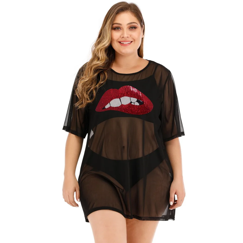4XL Plus Size Mesh Tshirts T-shirts Big Lips Printed Tee Shirt Women Sexy Patchwork Transparent Ladies Tops Summer Beachwear 30 | Женская