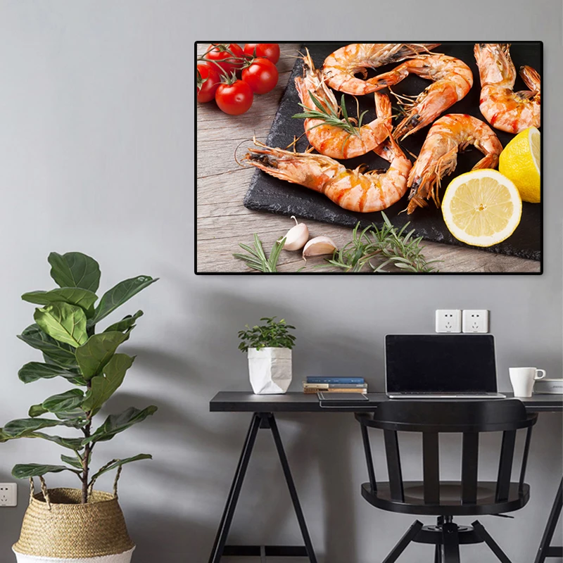 Картина на холсте с изображением вкусной еды креветки и лимона настенные картины