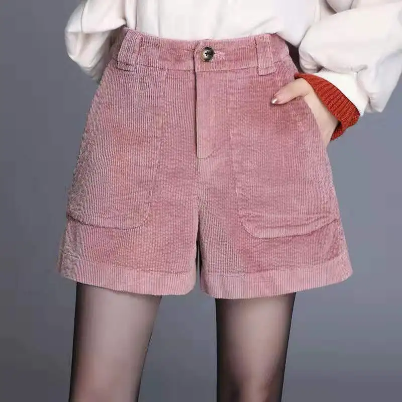 Женские розовые шорты размера плюс, вельветовые широкие шорты, осенняя зимняя верхняя одежда, элегантные шорты с высокой талией, женские вельветовые шорты 2049
