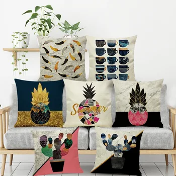 

New Arrival Cartoon Print Pillowcase Plant Cactus Pineapple Decorative Pillowcase Morden Flax Waist Pad Pillow Cases Cover