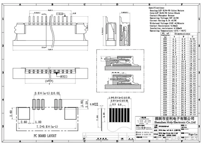 0.8mm pitch 6pin 8pin 9pin 10pin 12pin 14pin 16pin 18pin 20pin 22pin 24pin 26pin 30pin 36pin bottom contact FPCFFC connector 3