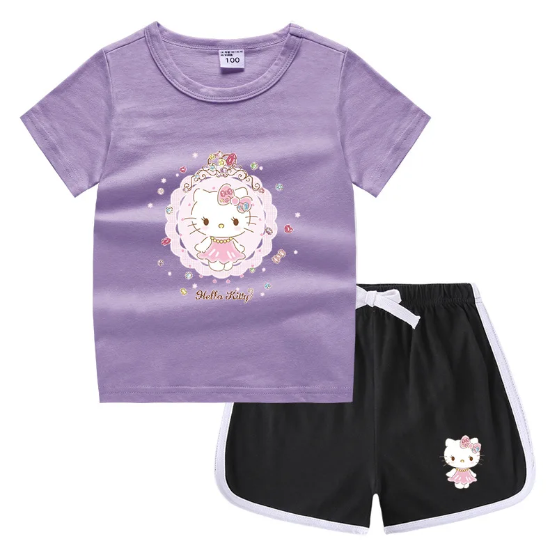 thumbnail image 1 of Hello Kitty-ropa para niños y niñas, Camiseta estampada bonita + Pantalones cortos, sudadera de cuello redondo de algodón puro, traje de camisa Base informal, 1 of 5