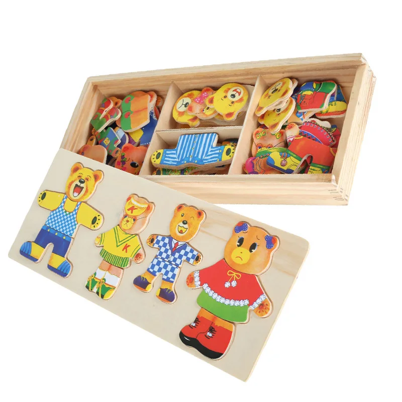 DIY Gift Little Bear Change Clothes Wooden Puzzle Set Children's Early Education Jigsaw Puzzle Dressing Game Baby Puzzle Toys