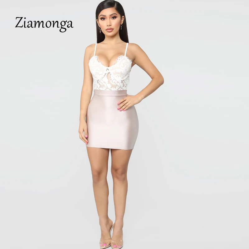 Ziamonga Sheer Lace Bodysuit Women Sexy Spaghetti Strap V-Neck Push Up See Through Jumpsuit Women Lace Bodysuits 2019 Summer New