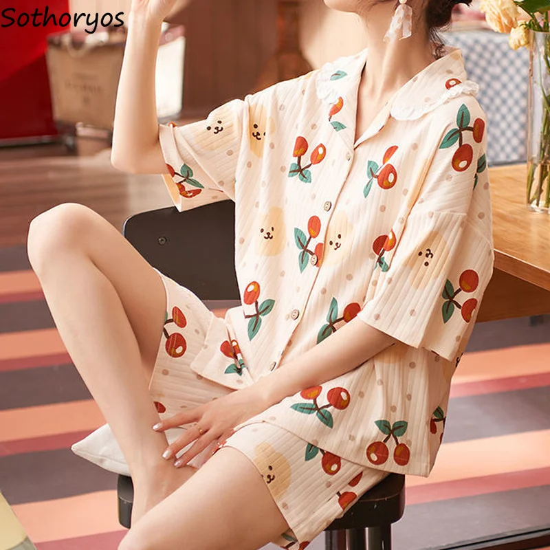 Women Pajama Sets Ruffles Printed Kawaii Soft Cotton Sweet Japanese Fashion Students Sleepwear Cardigan Shorts Woman Pijama Set | Женская