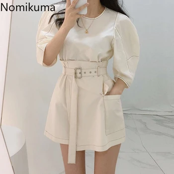 

Nomikuma Women Two Piece Outfits Puff Sleeve O-neck Pullover Tops + Belt High Waist Pockets Skirt Korean Sets 2020 New 6A278