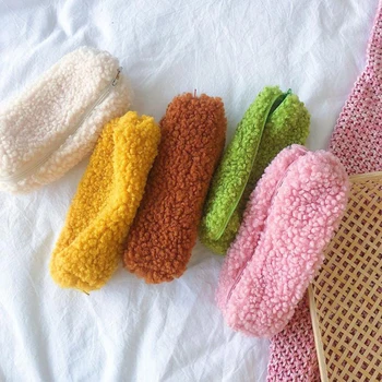 

1 Pcs Solid Color Lamb Plush Pencil Case Large Capacity Zipper Pencil Bags Pencil Box Stationery Gift Office School Supplies