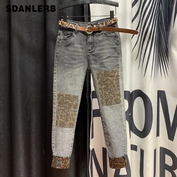 

European Plus Size Rhinestone Jeans Women's 2020 Spring New High-Waist Hot Drill Leopard Print Denim Pencil Pants Jean Femme
