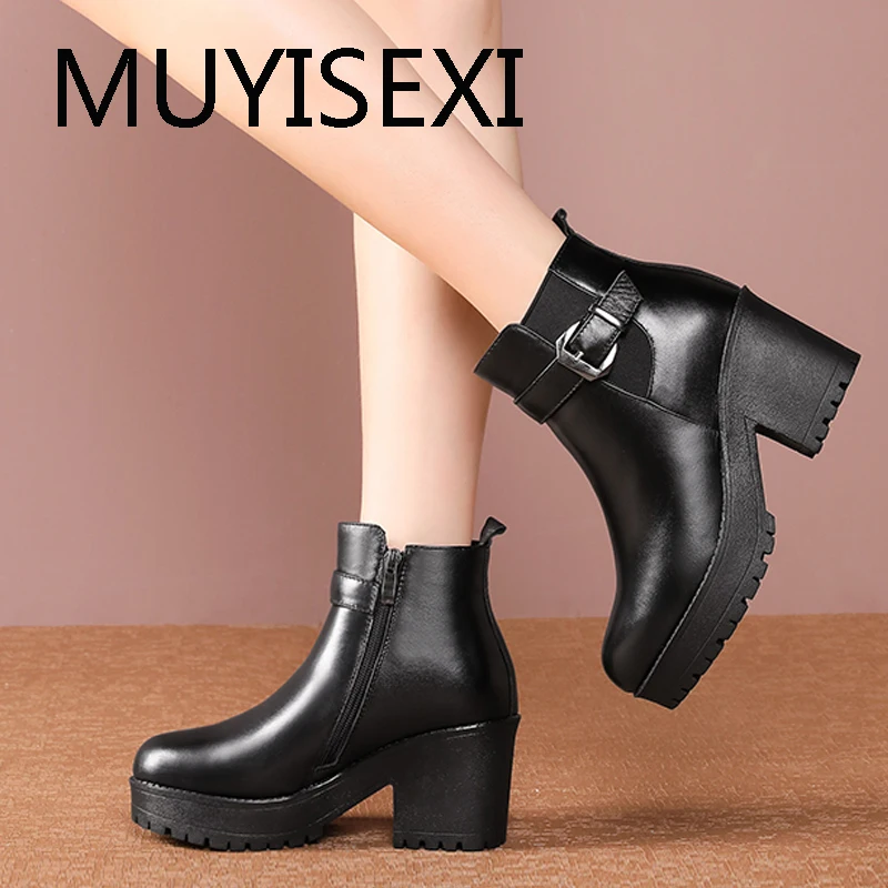 

Women winter natural cow leather plus size fashion round toe warm wool 7.5cm square heels zipper ankle boots MELD03 MUYISEXI