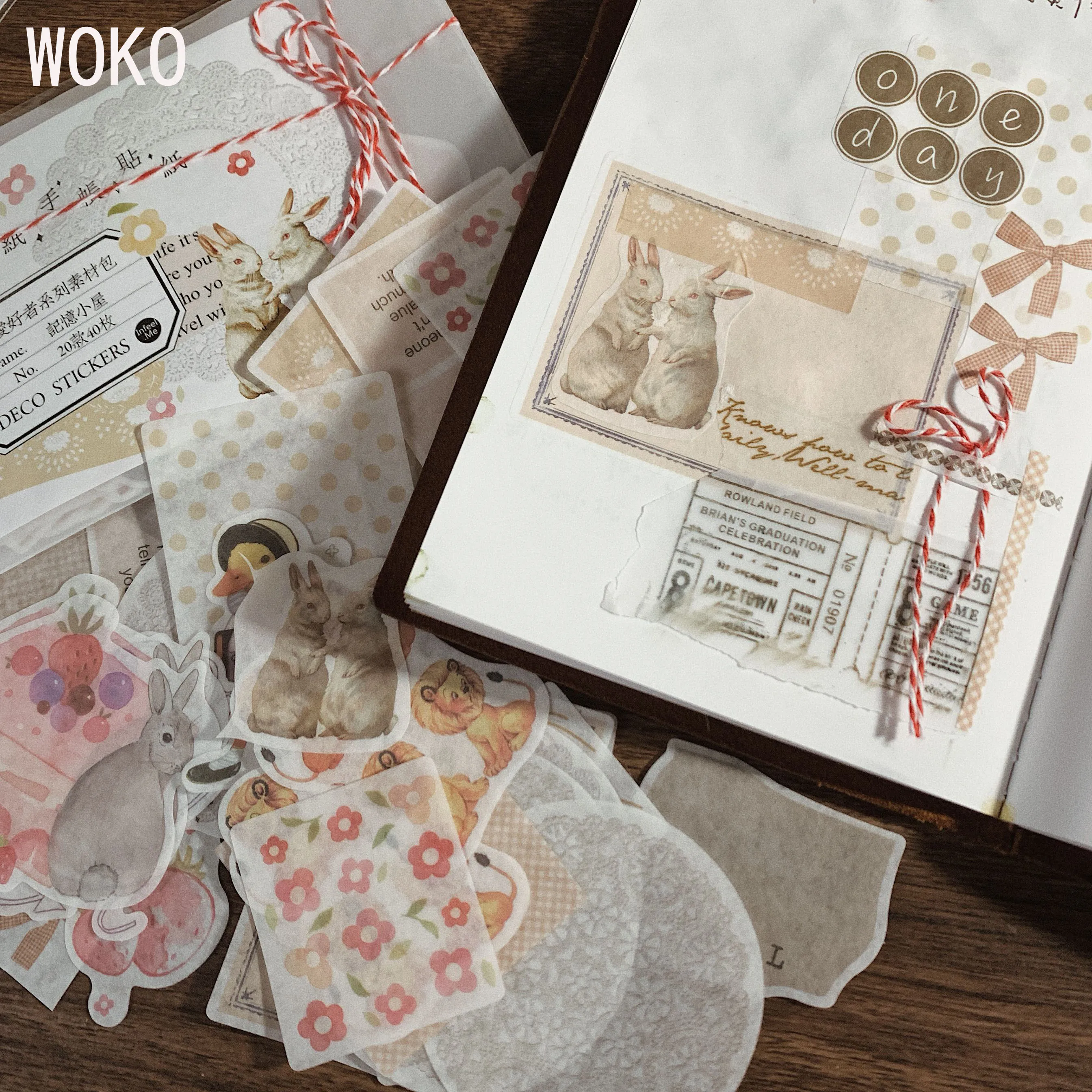 

WOKO 40pcs Handbook Material Lovely Retro Alice Rabbit Angel Duck Bow Lace Collage Deco Sticker DIY Bullet Journal Scrapbooking