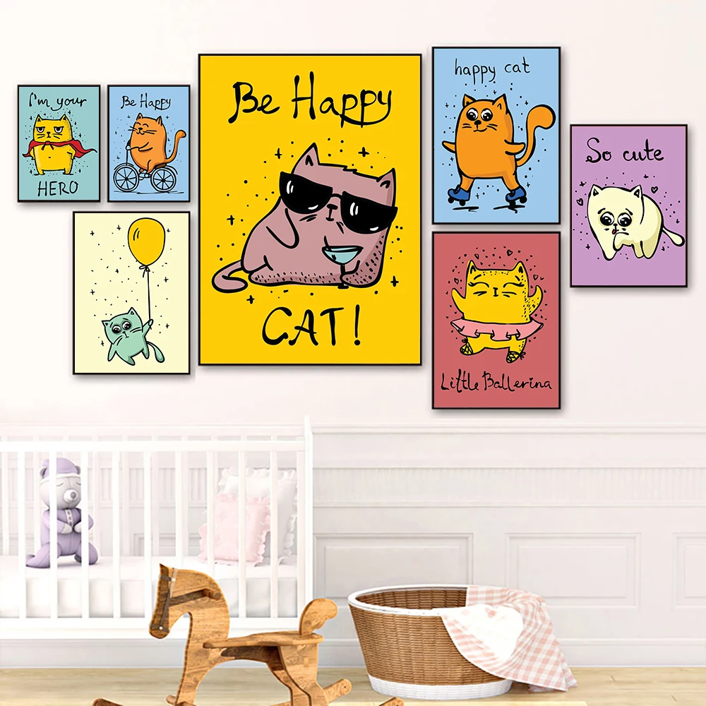 

Funny Cartoon Animal Cat Poster and Print Be Happy Quote Wall Art Canvas Nursery Cute Picture Painting Kids Bedroom Decoration
