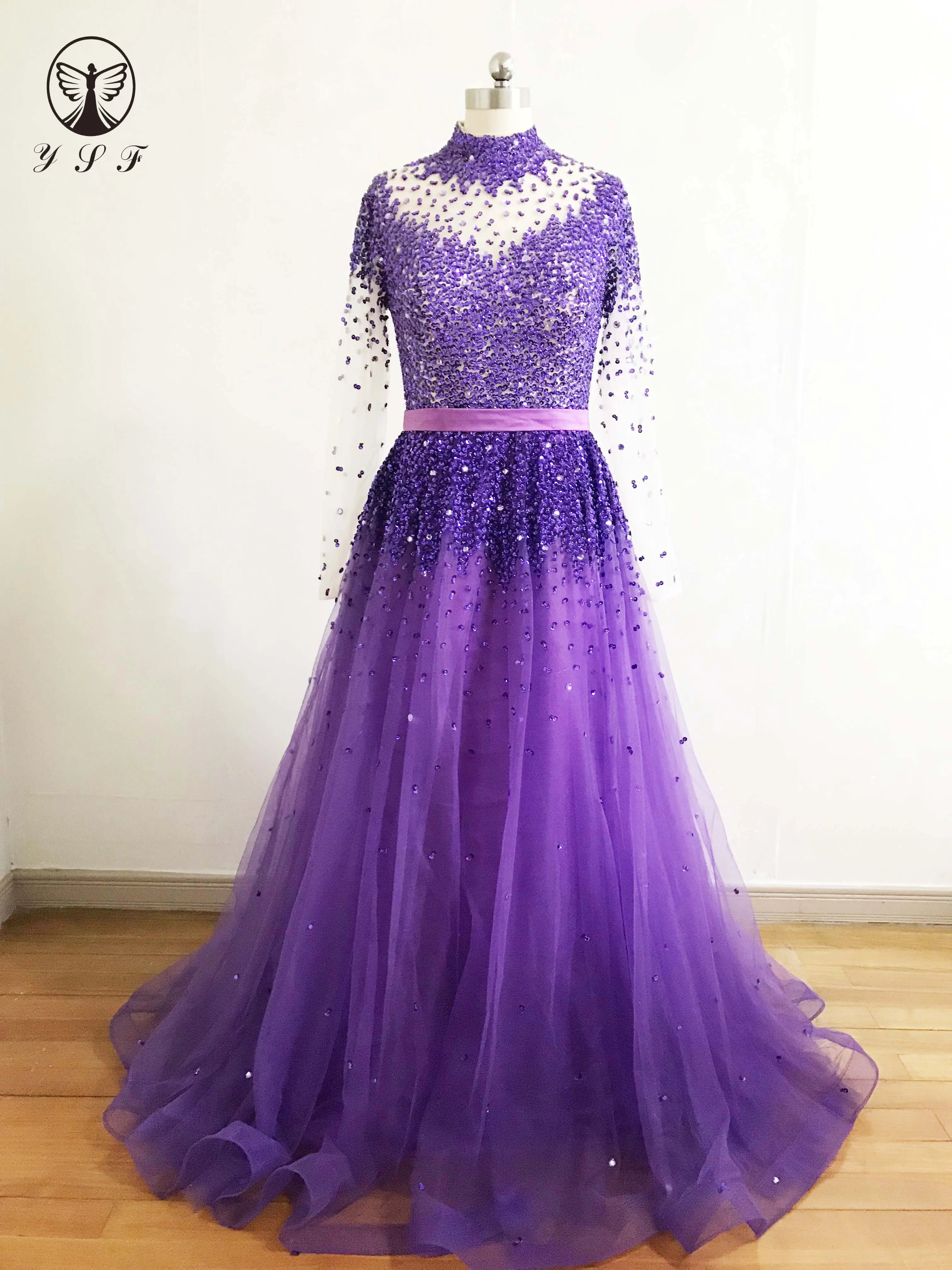 

Designer Vestidos De Formature High Collar Beaded Stones Heavily Long Sleeve A Line Prom Dresses