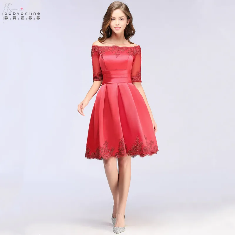 

Vestido de Formatura Lace Red A-line Homecoming Dresses Boat Neck Party Dresses Lace-up Back Draped Vestido De Festa Curto