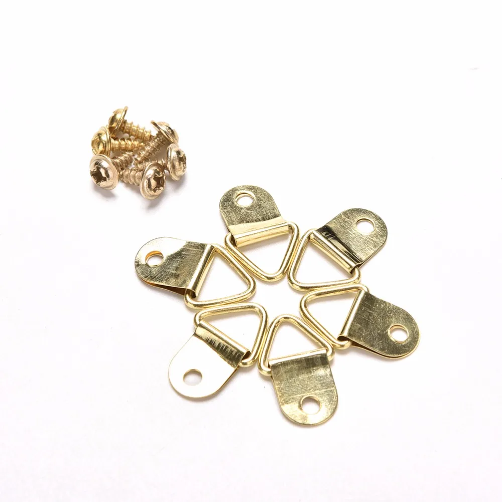 

100pcs Golden Triangle D-Ring Hanging Picture Oil Painting Mirror Frame Hooks Hangers With 100 Screws 10x20mm