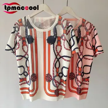 

Tpmaccool luxury designer Summer Women Ultra-Thin Classic print round Neck Hollow out Short Sleeve Pullover Knitted Tops t shirt