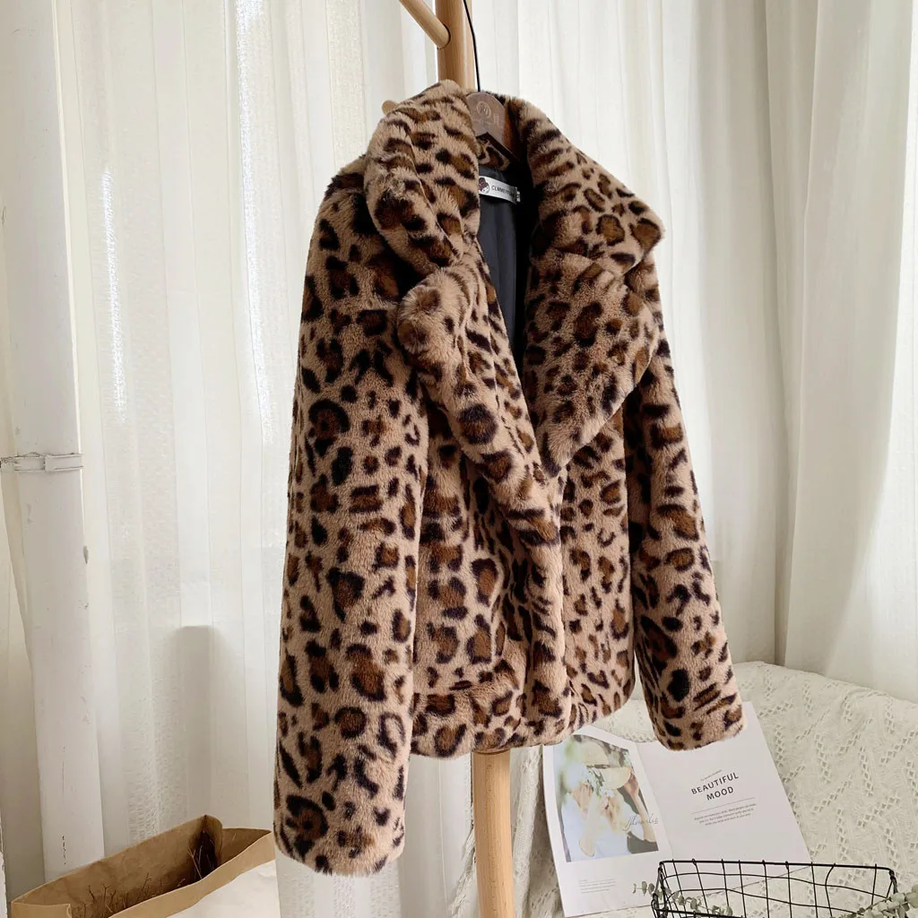 Теплые зимние пальто из искусственного меха и куртки Женский Леопардовый принт свободная короткая ветровка мутоновая шуба куртки женские