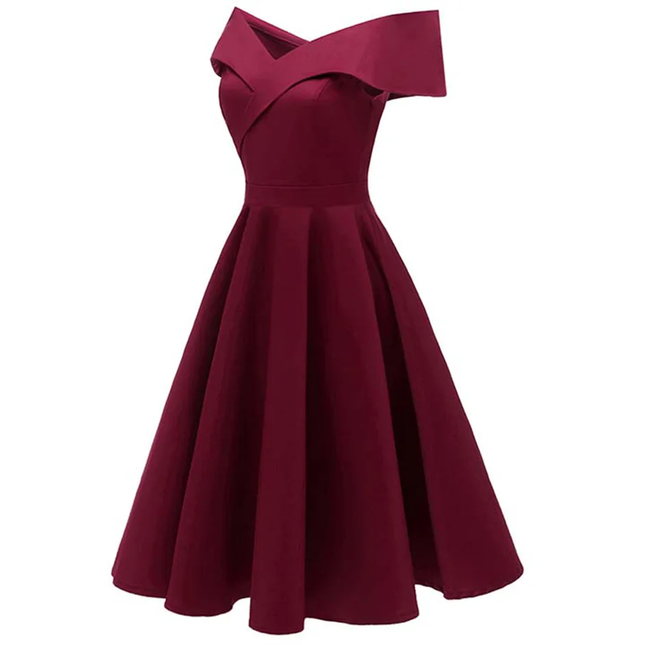 Goedkoop Dressv bourgogne cocktail jurk goedkope off de schouder korte mouwen graduation party dress elegante fashion cocktail jurk