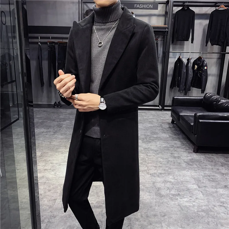 Шерстяное длинное пальто для мужчин в Корейском стиле, модное шерстяное зимнее пальто с отложным воротником, длинное шерстяное пальто и куртка, однобортное пальто