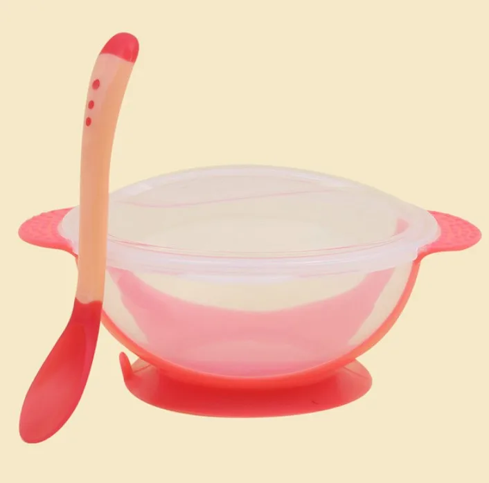 Pink Bowl And Spoon Набор для кормления детей, чаша с присоской, ложка для измерения температуры, детская посуда для обучения, миска для еды, чаша для кормления детей - Цвет: Pink Bowl And Spoon