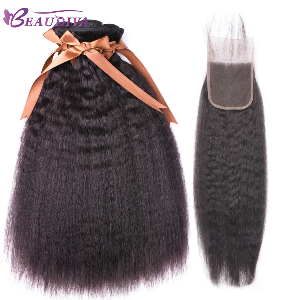 Кудрявые прямые волосы с закрытием перуанские человеческие волосы 3 пряди с закрытием Beaudiva remy волосы с закрытием пряди