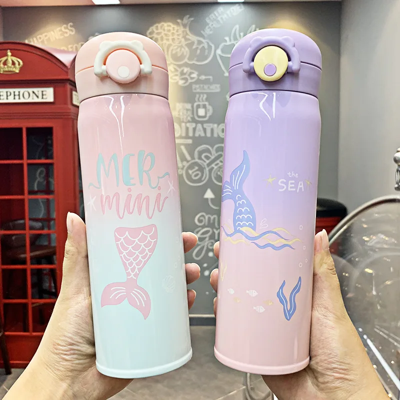 

Gradient Color Insulated Cup Cute Creative Glass Student Cartoon Little Fairy Portable Korean-style Bounce Cover Portable Bottle