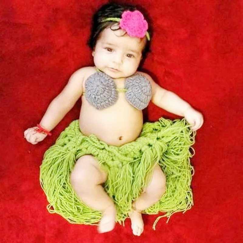 3Pcs/Set Baby Newborn Cute Beach Grass Skirt Suit Crochet Knit Costume Infant Photography Photo Props Clothes newborn family photos