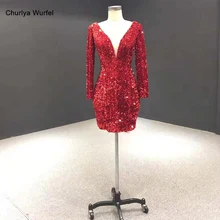 J67003 vestido коктейльное короткое вечернее платье вечерние с v-образным вырезом с длинным рукавом блестящее красное платье с блестками коктейльное платье