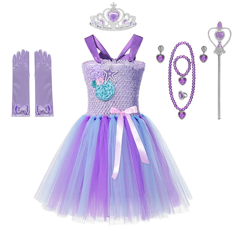 Dress Set 04 MUABABY принцессы для девочек юбка-пачка в стиле Русалочки платье Дети крючком фатиновое платье на бретелях бальное платье Дети Ариэль, гибкие Вычуры тесемки Наряжаться одежда для костюмированной вечеринки - Цвет: Dress Set 04