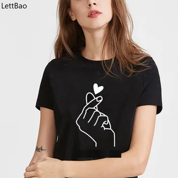

Finger Heart Printed Woman Clothes Love Gesture Funny T Shirts Aesthetic Sweet Girls Summer Vogue Korean Style Casual 90s Shirt