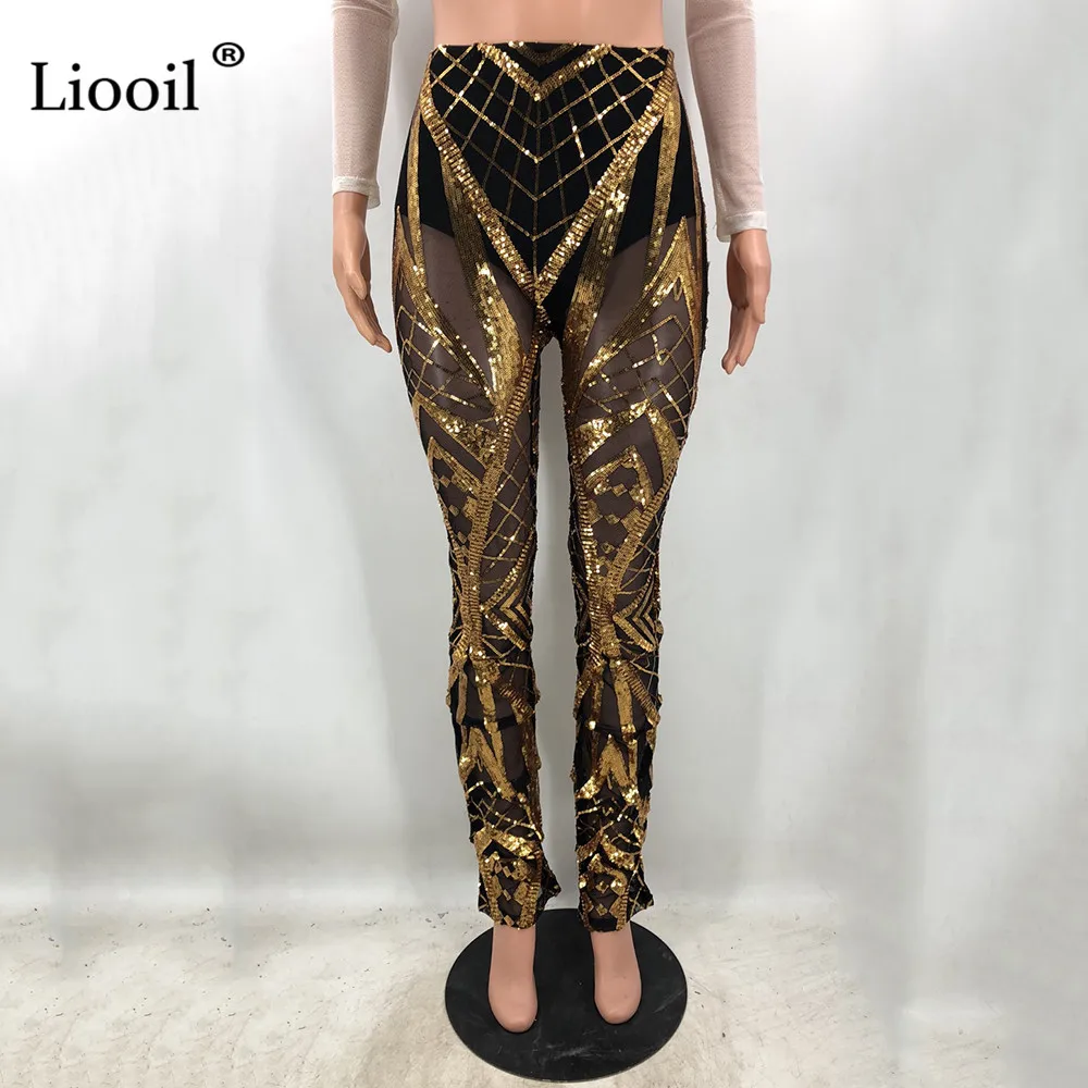 Liooil, сетчатые, прозрачные, с золотыми блестками, с высокой талией, брюки для женщин,, уличная одежда, с рюшами, низ, бодикон, брюки, сексуальные, Клубные, длинные, узкие брюки